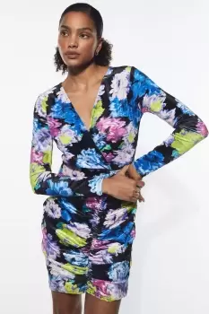 Image of Floral Print Velvet Ruched Mini Dress