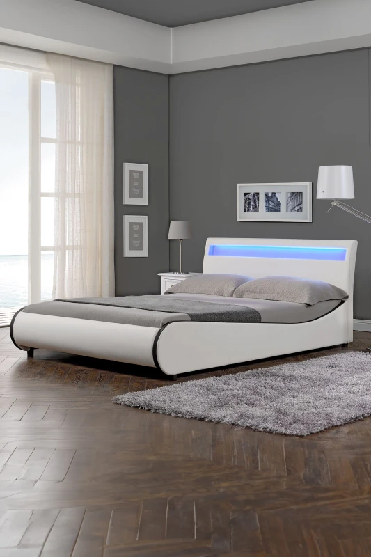 Image of Slumberworx Orion LED Lights Headboard Faux Leather Single Bed Frame (white With Black), White 5.05574E+12