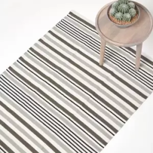 Image of Modern Black Grey Scandinavian Style Striped Cotton Rug, 150 x 240cm - Grey - Homescapes