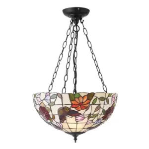 Image of Butterfly 3 Light Medium Ceiling Pendant Bronze, Tiffany Style Glass, E27