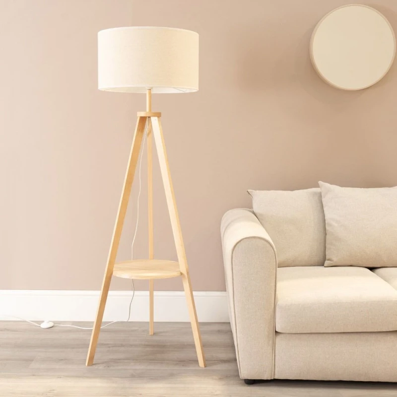 Image of ValueLights Morrigan Wooden Tripod Floor Lamp with Linen Trim Drum Lamp Shade and LED Bulb White