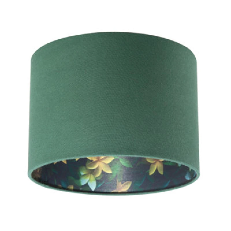 Image of Happy Homewares Yellow And Green Flowers Round Lamp Shade In Forest Green Linen Fabric
