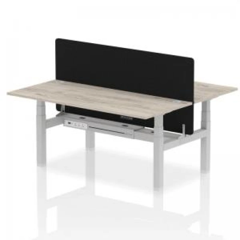 Image of Air Back - to - Back 1800 x 800mm Height Adjustable 2 Person Bench Office Desk Grey Oak Top - Cable Ports Silver Frame - Black Straight Screen