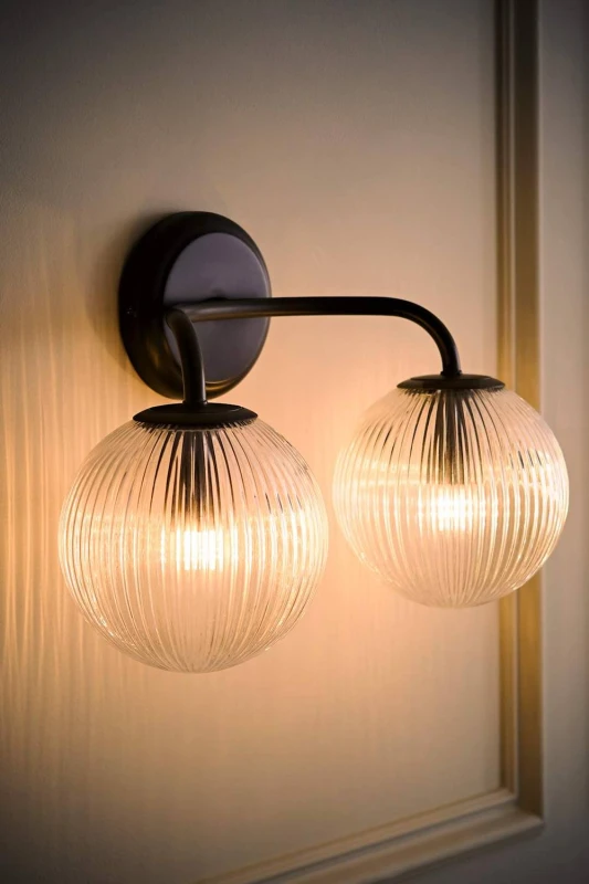 Image of ValueLights Kempton Ribbed Glass Globe Shade 2 Arm Wall Light with Bulbs in Black Unisex
