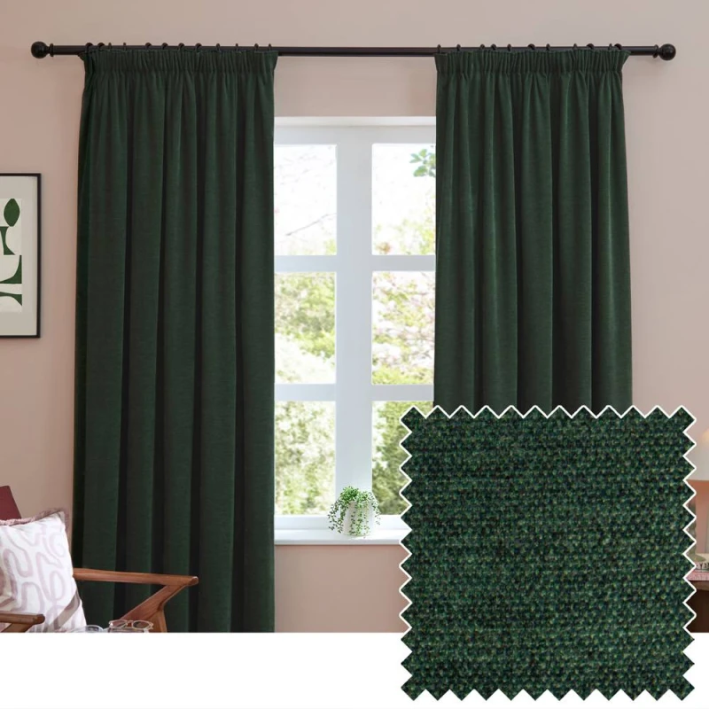 Image of Furn Soft Chenille Blackout Pencil Pleat Curtain Pair in Bottle Green Size: 229cm width x 229cm drop Bottle Green Unisex 229cm width x 229cm dro