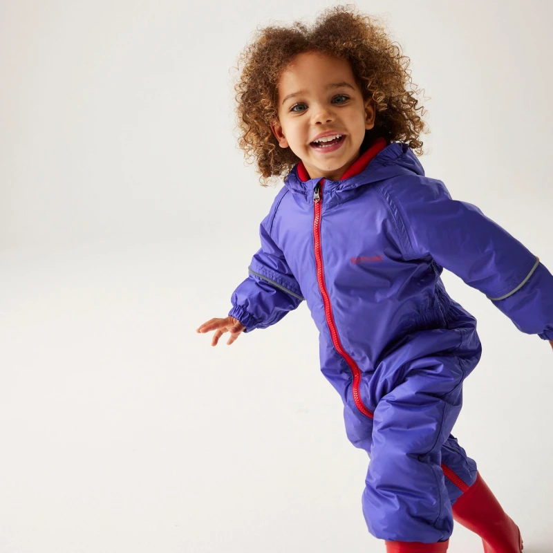 Image of Regatta Splosh Hooded Waterproof Breathable All-in-One in Purple Size: 2-3 Years Purple Unisex 2-3 Years