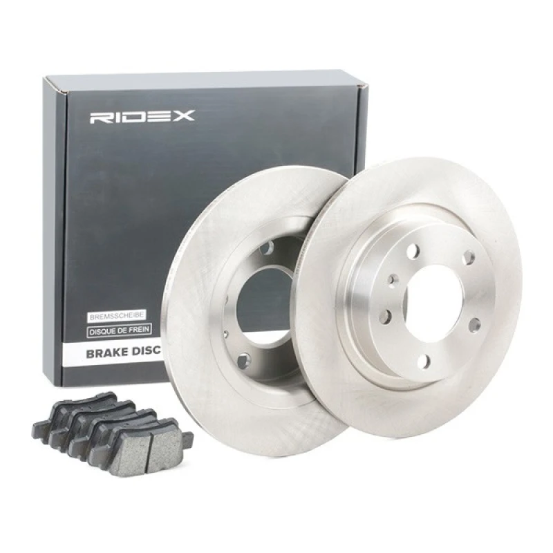 Image of RIDEX 3405B0410 Brake disc and pads set Rear Axle, Brake Disc Type: Solid Brake Set,disc brakes (3405)