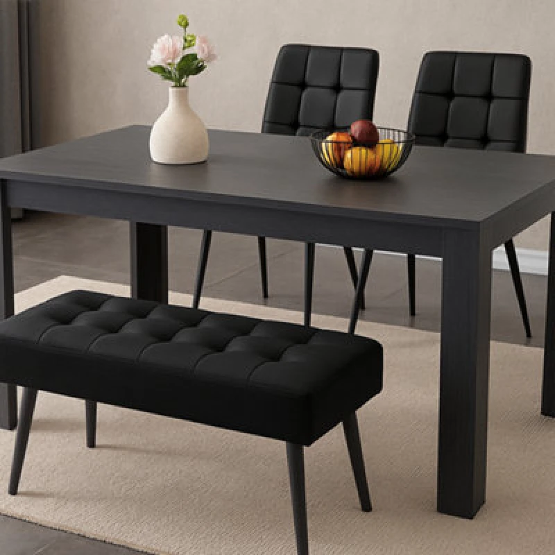 Image of Kosy Koala Arrow Effect Design Dark Grey Wooden Dining Set with Velvet Chairs and Bench, Multi ARCH1172BKRCBRB