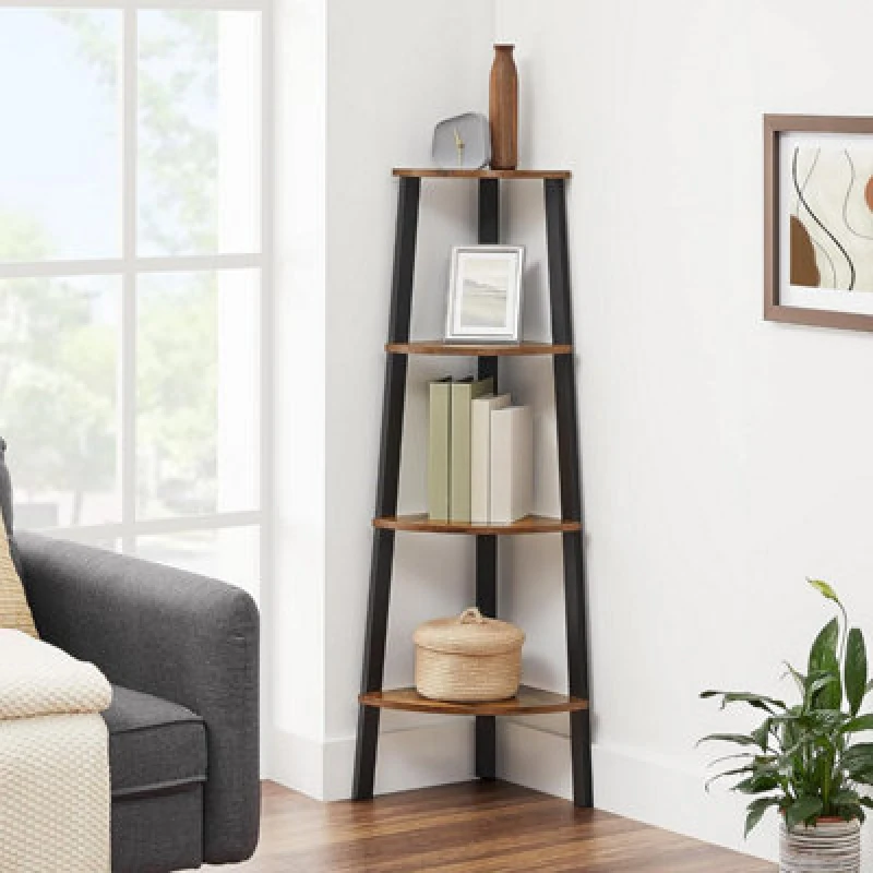 Image of Songmics Corner Shelf Bookcase, 4 Tier Ladder Shelf, Storage Unit, Plant Holder, Industrial Style, Rustic Brown And Black