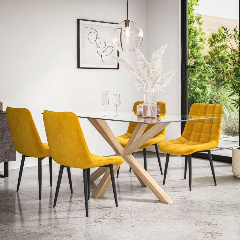 Image of More4Homes Etta Glass Dining Table And Chairs - Glass Top W Solid Oak Legs + Nova Velvet Dining Chair Set Of 4 (Mustard)