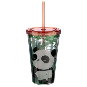 Image of Panda Design Glitter Double Walled Cup with Lid and Straw