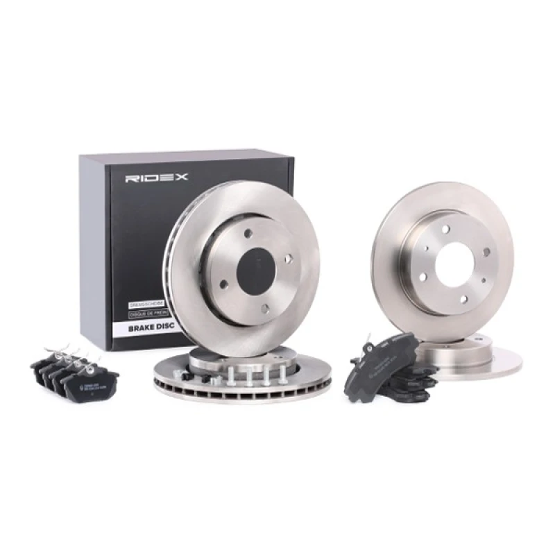 Image of RIDEX 3405B0230 Brake disc and pads set Front Axle, Brake Disc Type: Solid, with acoustic wear warning Brake Set,disc brakes (3405)