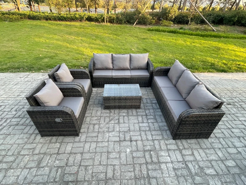 Image of Fimous Rattan Outdoor Garden Furniture Sofa Set Patio Table & Chairs Set with 3 Seater Sofa Reclining Chair Dark Grey Mixed Dark Grey