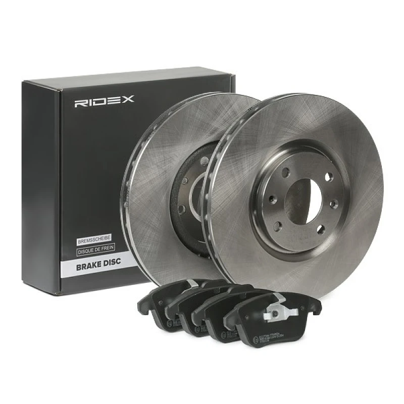 Image of RIDEX 3405B1099 Brake disc and pads set Front Axle, Brake Disc Type: Vented, excl. wear warning contact, with piston clip Brake Set,disc brakes (3405