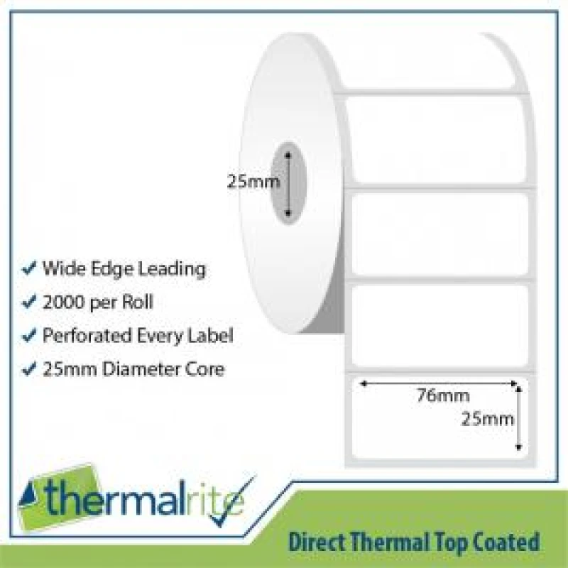 Image of Thermalrite Thermalrite Direct Thermal Labels 76x25mm 25mm core (Pack 20 Rolls of 2000 Lables per Roll) - RL76.25DT-25 RL76.25DT-25