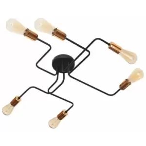 image of Helam Tube Multi Arm Semi Flush Ceiling Light Black, Copper 75cm