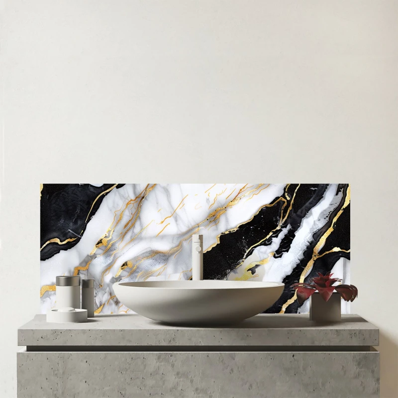 Image of Warren Reed - Designer White & Gold Marble Effect Glass Bathroom Splashback in Blue Blue Unisex