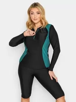 Image of Yours Zip Front Rash Top, Black, Size 14, Women