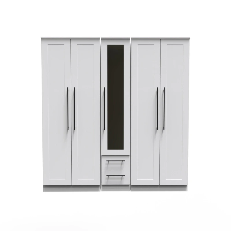 Image of Howard Tall 5 Door 2 Drawer 1 Mirror Wardrobe In White Ash (Ready Assembled)