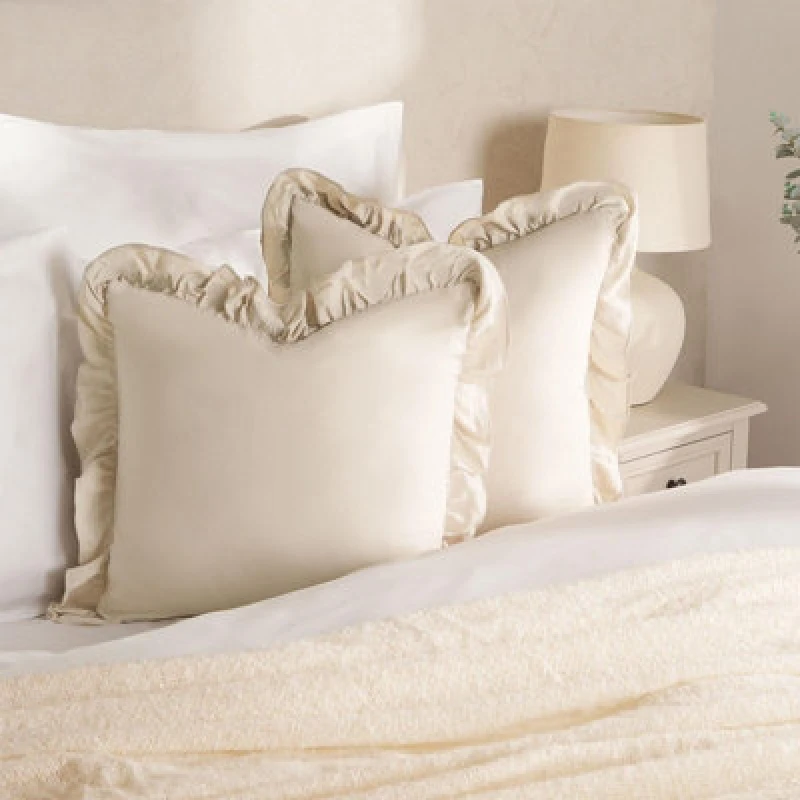 Image of OHS OHS 2 x Plain Faux Linen Frill Cushion Covers in Light Beige Size: 45cm x 45cm Light Beige 45cm x 45cm Unisex 5027434159383