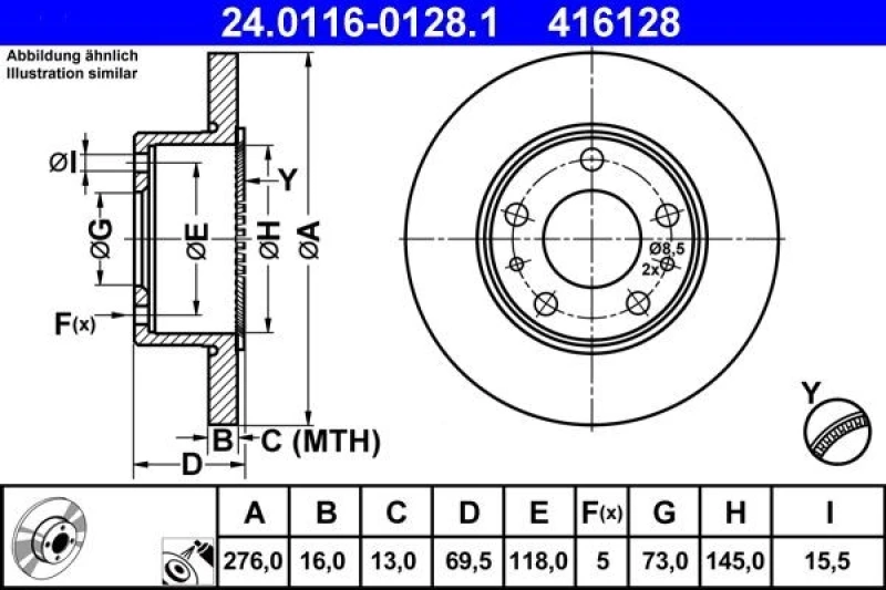 Image of ATE 24.0116-0128.1 Brake disc solid, Coated, with ABS sensor ring Brake Disc (82)