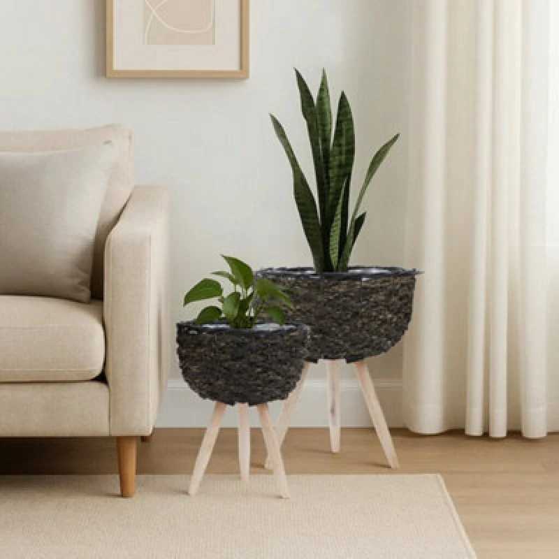 Image of Orsina Set Of 2 Black Planters, Black Pots With Braided Design, Big Flower Pots For Plants, Herbs Or Room Display