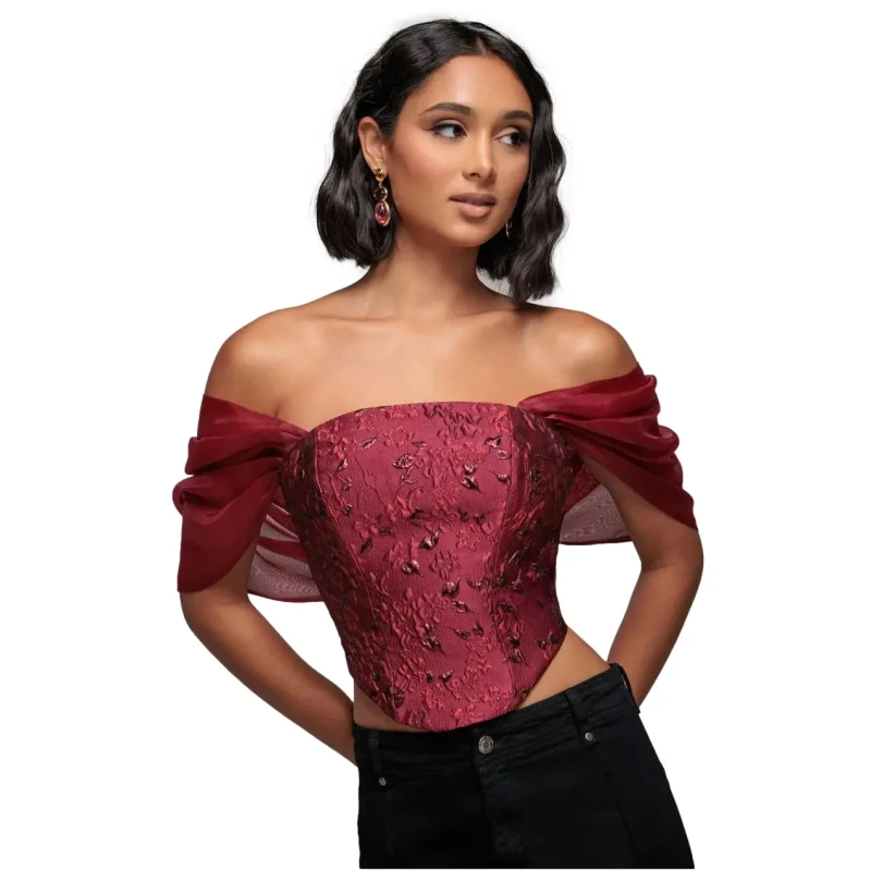 Image of Goddiva Womens Off Shoulder Jacquard Top With Organza Wings in Burgundy Size: 8 Burgundy Female 8