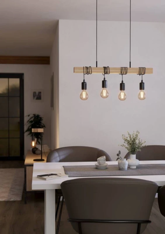 Image of EGLO Eglo TOWNSHEND Black Metal & Natural Wood Exposed Bulbs 4-Light Pendant Light Black One Size Unisex 9002759435127