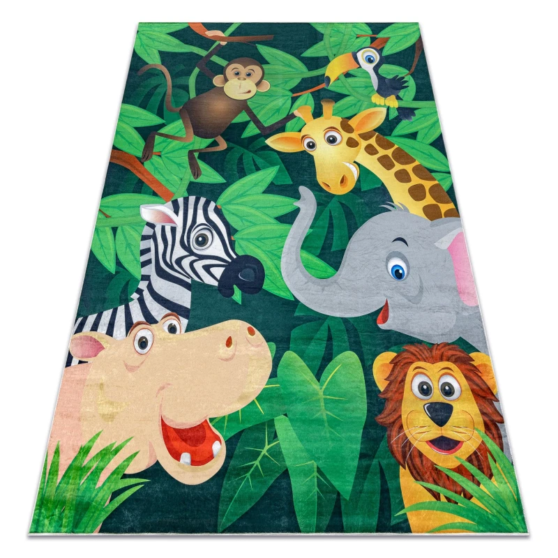 Image of RugsX Bambino 2705 Washing Carpet Animals, Africa For Children Anti Slip - Green / Brown 140X200 Cm
