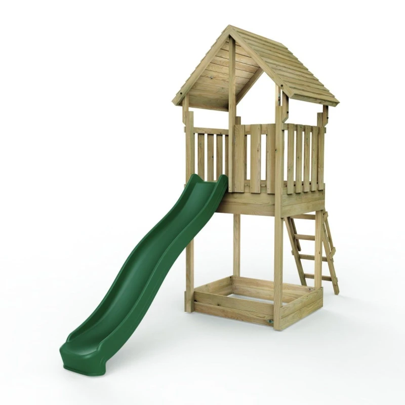 Image of Rebo Wooden Climbing Frame with Play Tower and Slide - M1 Wooden Roof Brown