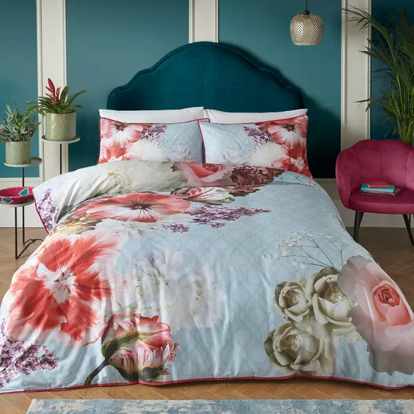 Image of Mayfair Lady Cotton Duvet Cover and Pillowcase Set Blue
