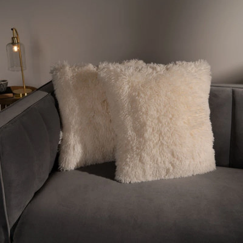 Image of OHS OHS Set of 2 Fluffy Shaggy Filled Cushion with Cover Square in Cream Size: 45cm x 45cm Cream 45cm x 45cm Unisex 5027434174393