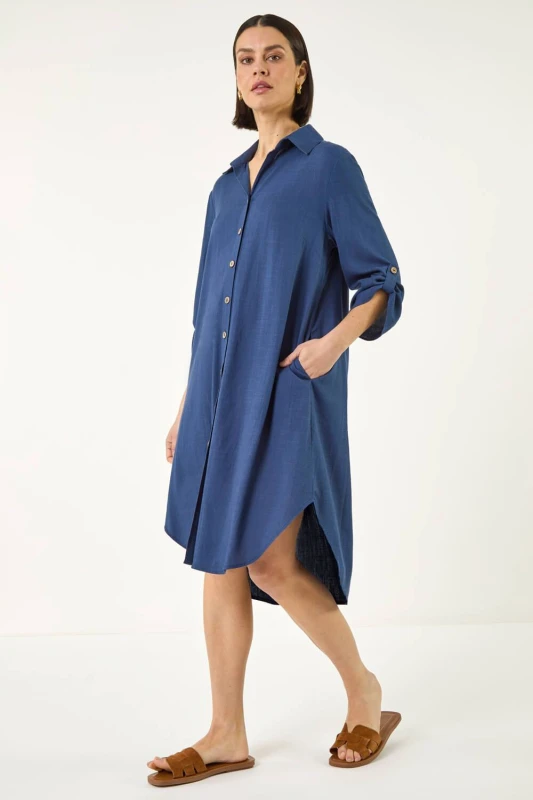 Image of Roman Womens Back Lace Button Shirt Dress in Navy Size: 10 Navy Female 10