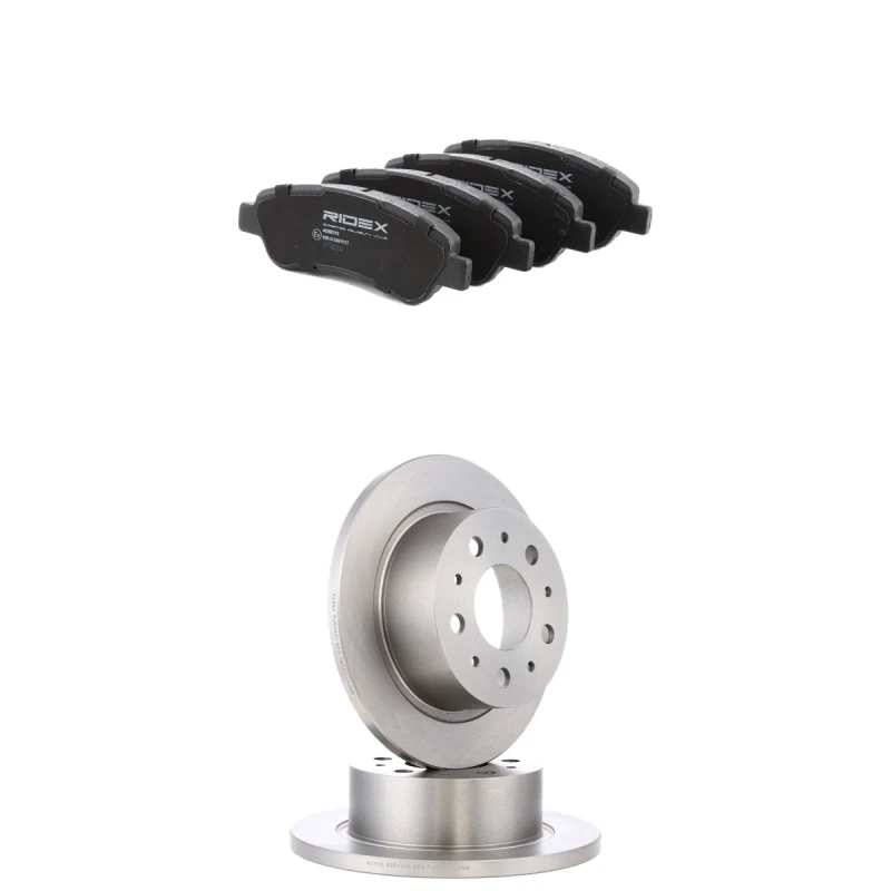 Image of RIDEX 3405B3506 Brake disc and pads set Rear Axle, Brake Disc Type: Solid, not prepared for wear warning indicator, with anti-squeak plate Brake Set,