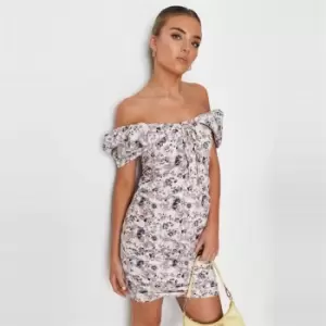 Missguided Puff Tie Front Mini Dress Floral - Neutral