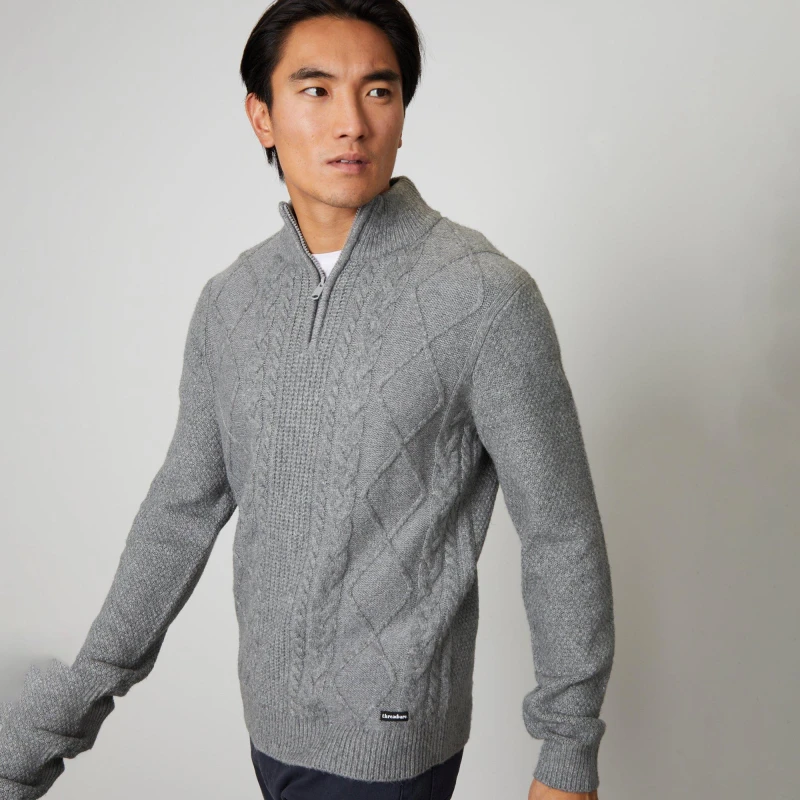 Image of Threadbare 'Blyton' Quarter Zip Cable Knit Jumper Grey male