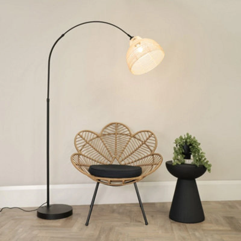 Image of ValueLights Louis Black Arched Curved Floor Lamp with Cream Woven Basket Shade and LED Bulb Cream
