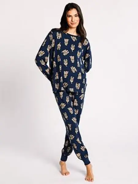 image of CHELSEA PEERS Long Crew Cockapoo Printed Pyjama Set - Navy, Size S, Women