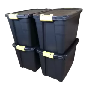 4 x 60L Heavy Duty Storage Tubs Sturdy, Lockable, Stackable and Nestable Design Storage Chests with Clips in Black - main image