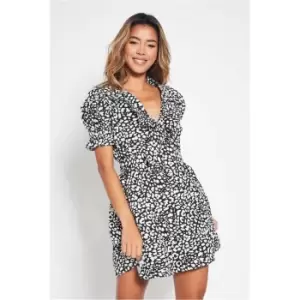 image of I Saw It First Black Leopard Woven Tie Front Puff Sleeve Mini Dress - Black