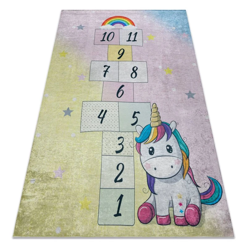Image of RugsX Bambino 54060 Washing Carpet Unicorn, Hopscotch For Children Anti Slip - Pink / Ye 140X200 Cm