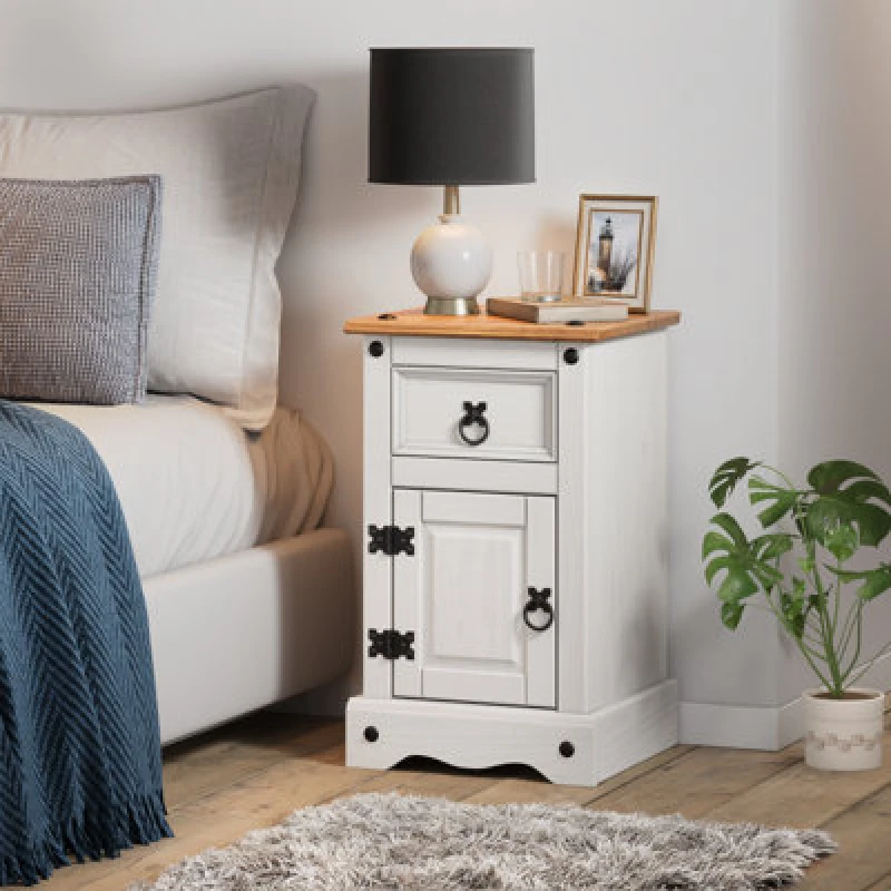 Image of Mercers Furniture Corona White Narrow Pot Cupboard 1 Door 1 Drawer Bedside Table Cabinet Solid Pine With Mexican Styling