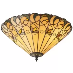 image of Tiffany Glass Semi Flush Ceiling Light Amber Floral Inverted Round Shade i00050