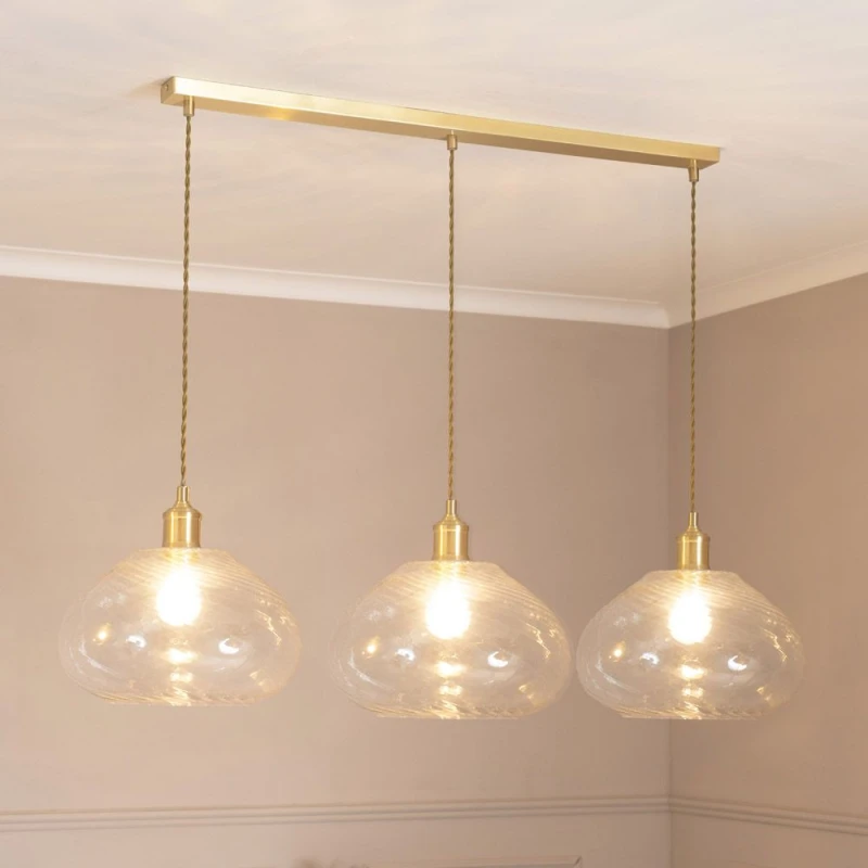 Image of ValueLights ValueLights Corinne Twill Glass 3 Drop Brushed Gold Diner Ceiling Pendant Light with Bulbs in Clear Clear One Size Unisex 5059406064562
