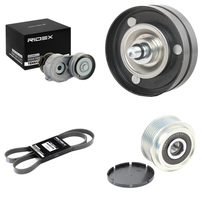 Image of RIDEX 542R0955 V-ribbed belt set Pulleys: with freewheel belt pulley V-Ribbed Belt Set (542)