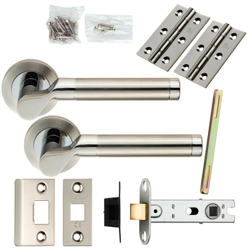 Image of Loops Door Handle & Latch Pack Polished & Satin Steel Cranked Bar Screwless Rose Metallics
