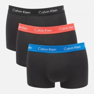 Image of Calvin Klein Mens Cotton Stretch Low Rise 3 Pack Trunks with Contrast Waistband - B-Blue/Strawberry Field/Black - L