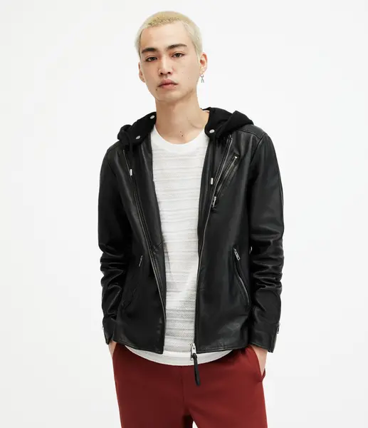Image of AllSaints Mens Harwood Leather Biker Jacket, Black, Size: XL