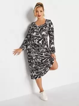 Image of Yours Ruched Midaxi Dress Mono Swirl, Black, Size 16, Women