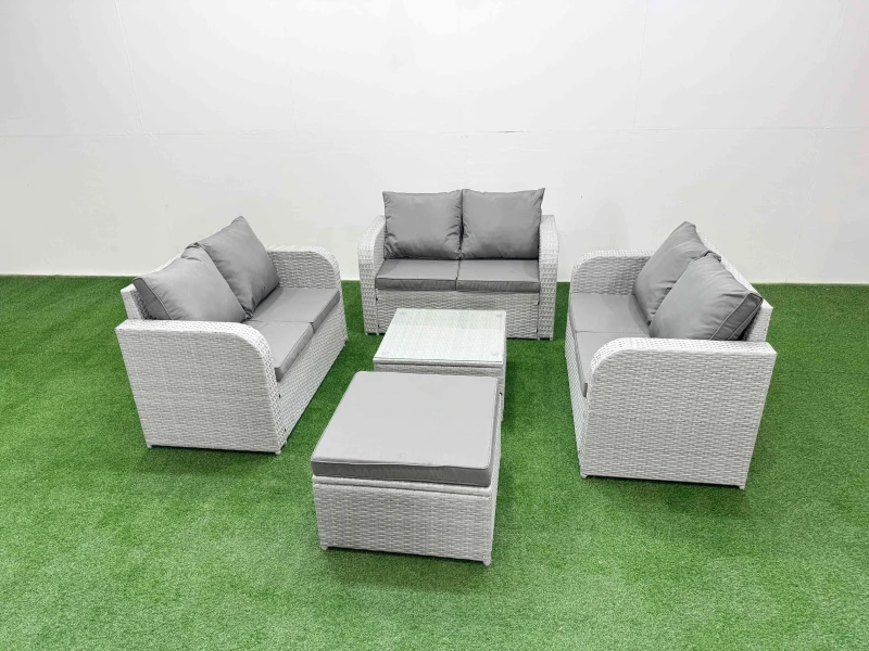 Image of Fimous 7 Seater PE Wicker Rattan Furniture Sofa Sets with Square Coffee Table 2 Seater Love Sofa Big Footstool Light Grey Light Grey